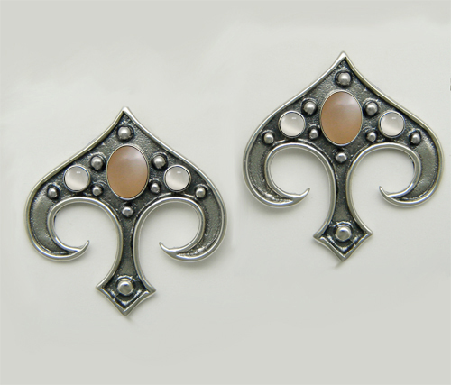 Sterling Silver Gothic Inspired Drop Dangle Earrings With Peach And White Moonstones